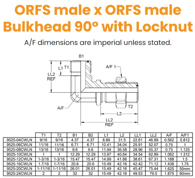 9/16 Orfs M/M 90° Bulkhead C/W Nut Hydraulic Adaptor
